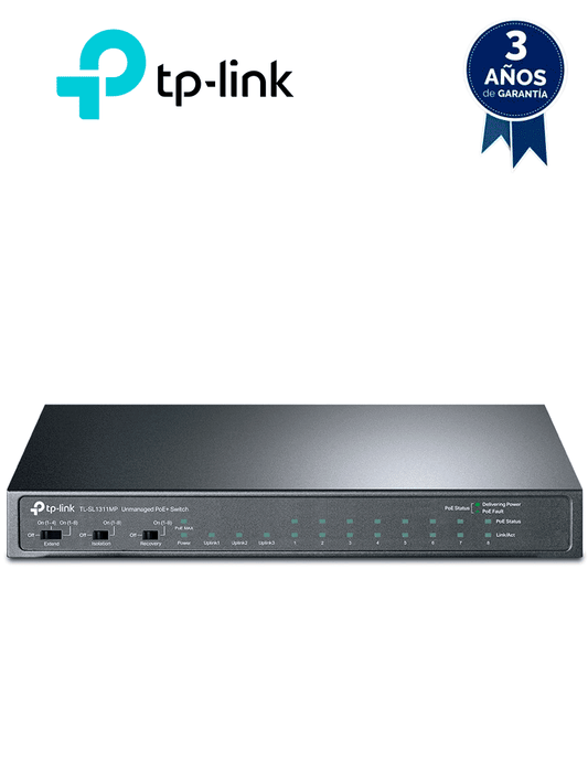 TP-LINK - TL-SL1311MP / Switch de Escritorio No Administrable 11 Puertos / 8 puertos 10/100Mbps RJ45 POE+/ 2 Puertos 10/100/1000 RJ45 / 1 Puerto Gigabit SFP / 8 puertos POE+ / 124 Watts totales /  POE Hasta 100m / Modo Extendido Hasta 250m