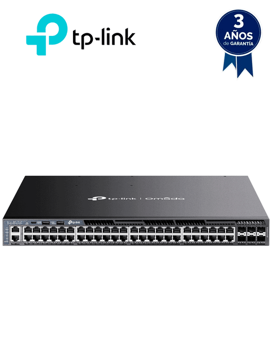 TP-LINK SG6654XHP - Switch Omada L3 Stackable de 48 puertos POE+ Gigabit y 6 puertos SFP+ 10G   1440W   Stacking físico   Funciones L3 Enterprise. RIP  OSPF  ECMP  VRRP  PIM-DM  DHCP Server/Relay   Alta disponibilidad   VRRP y ERPS   Interfaz WEB