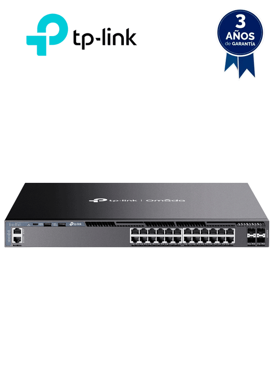 TP-LINK SG6428X - Switch Omada L3 Stackable de 24 puertos Gigabit y 4 puertos SFP+ 10G   Stacking físico   Funciones L3 Enterprise. RIP  OSPF  ECMP  VRRP  PIM-DM  DHCP Server/Relay   Alta disponibilidad   VRRP y ERPS   Interfaz WEB   CLI  SNMP y RMO