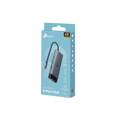 Adaptador HUB 6 en 1  1 puerto USB-C entrada  1 puerto HDMI 4K  1 puerto Ethernet Gigabit  1 puerto USB-C y 2 puertos USB-A