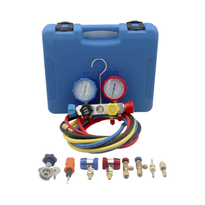 Juego de manómetros para aire acondicionado  herramienta de carga de refrigerante  doble válvula con adaptadores de acoplamiento rápido  manguera de 1.5 metros para refrigerantes : R410A  R32  R134A  R22