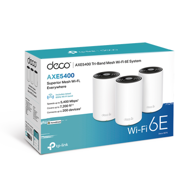 Kit 3 Routers Inalámbricos MESH Interior para Hogar / Doble Banda Wi-Fi 6E AX5400 Mbps / 3 Puerto Gigabit WAN/LAN / 4 Antenas Internas / Administración Mediante la App Deco (iOS  Android) / Protección HomeShield