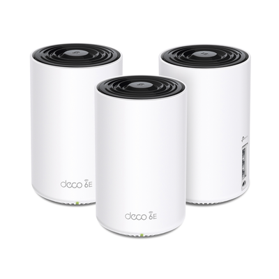 Kit 3 Routers Inalámbricos MESH Interior para Hogar / Doble Banda Wi-Fi 6E AX5400 Mbps / 3 Puerto Gigabit WAN/LAN / 4 Antenas Internas / Administración Mediante la App Deco (iOS  Android) / Protección HomeShield