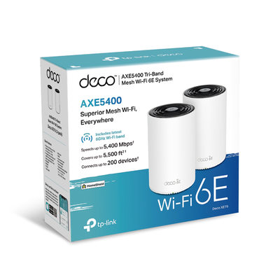 Kit 2 Routers Inalámbricos MESH Interior para Hogar / Doble Banda Wi-Fi 6E AX5400 Mbps / 3 Puerto Gigabit WAN/LAN / 4 Antenas Internas / Administración Mediante la App Deco (iOS  Android) / Protección HomeShield