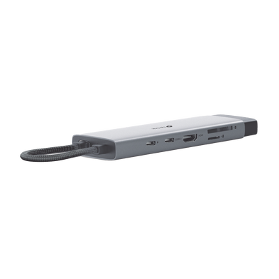 Adaptador HUB 9 en 1  1 puerto USB-C entrada  1 puerto HDMI 4K  1 puerto Ethernet Gigabit  1 puerto SD y MicroSD  1 puerto USB-C y 3 puertos USB-A