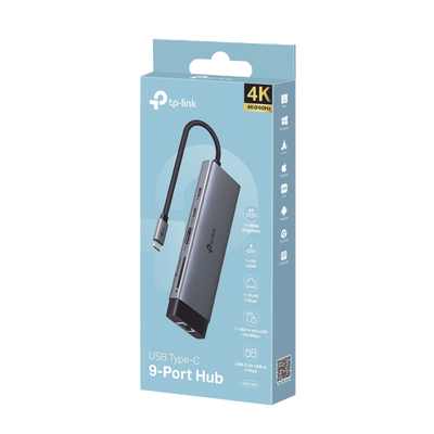 Adaptador HUB 9 en 1  1 puerto USB-C entrada  1 puerto HDMI 4K  1 puerto Ethernet Gigabit  1 puerto SD y MicroSD  1 puerto USB-C y 3 puertos USB-A