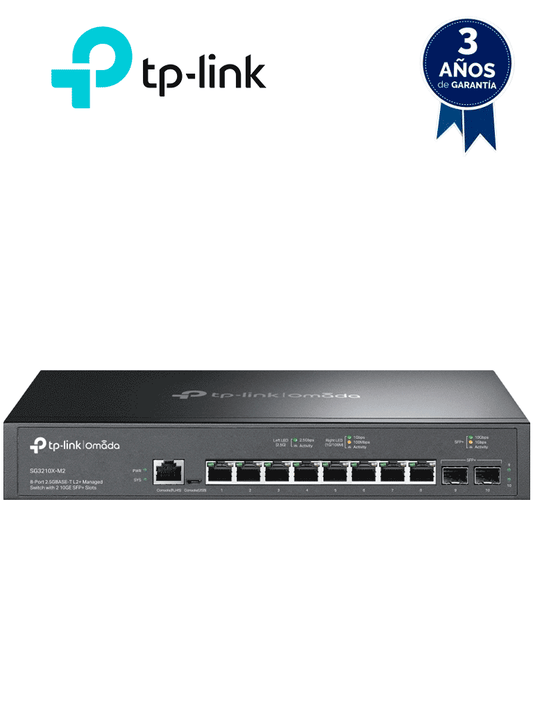 TP-LINK SG3210X-M2 - Switch administable L2 OMADA  con 8 puertos RJ45 de 2.5GbE   2 puertos SFP+ 10G   Gestión en la nube con OMADA    DHCP Snooping  802.1X  Autenticación Radius   ACL   QoS L2/L3/L4 y IGMP Snooping.