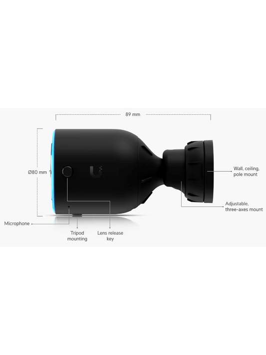 UBIQUITI UVC-AI-DSLR - Camara IP bullet para exterior  8 MP 4K  Lente fijo 17mm de apertura amplia  Microfono y Bocina integrados  Deteccion avanzada IA: Movimiento  Personas  Vehiculos  LPR