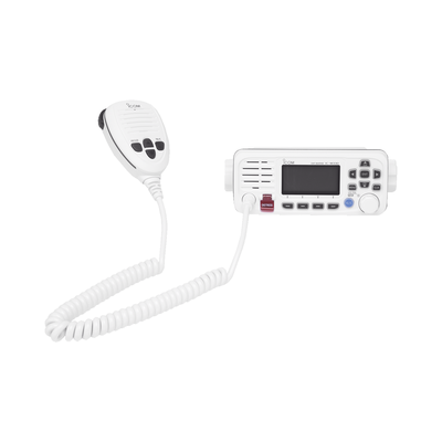 Radio móvil marino ICOM  color blanco  clase D DSC. Tx: 156.025 - 157.425 MHz  Rx: 156.050 - 163.275 MHz  25W de potencia  sumergible IPX7 incluye micrófono y cable de alimentación