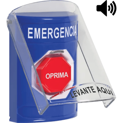 ?Botón Multipropósito  Color Azul  De Superficie  Con Tapa De Policarbonato  Con Bocina Pre Alarma  Solo Interior  Llave Para Restablecer  Texto De Emergencia  Español