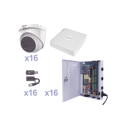 KIT TurboHD 1080p Lite / DVR 16 Canales / 16 Cámaras Eyeball  Exterior ( 2.8mm) / Transceptores / Conectores / Fuente de Poder Profesional