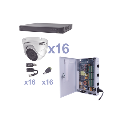 KIT TurboHD 1080p / DVR 16 Canales / 16 Cámaras Eyeball (exterior 2.8 mm) / Transceptores / Conectores / Fuente de Poder Profesional