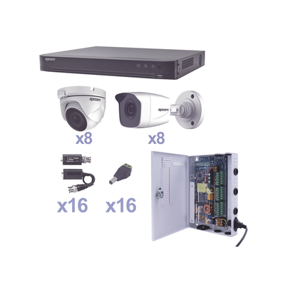 KIT TurboHD 1080p / DVR 16 Canales / 8 Cámaras Bala (exterior 2.8 mm) / 8 Cámaras Eyeball (exterior 2.8 mm) / Transceptores / Conectores / Fuente de Poder Profesional