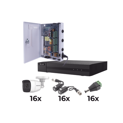 KIT TurboHD 1080p / DVR 16 Canales / 16 Cámaras Bala Policarbonato con Microfono (exterior 2.8 mm) / Transceptores / Conectores / Fuente de Poder Profesional