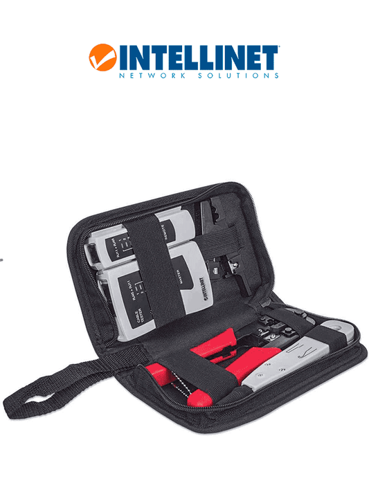 INTELLINET 780070 - Kit de herramientas para red de 4 piezas: probador de cable UTP  ponchadora  pinza crimpeadora y pelador de cable