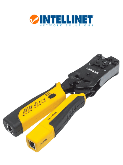 INTELLINET 780124 - Pinza crimpeadora universal de plugs modulares y probador de cables 2-en-1: crimpea  corta  pela  remata y prueba.