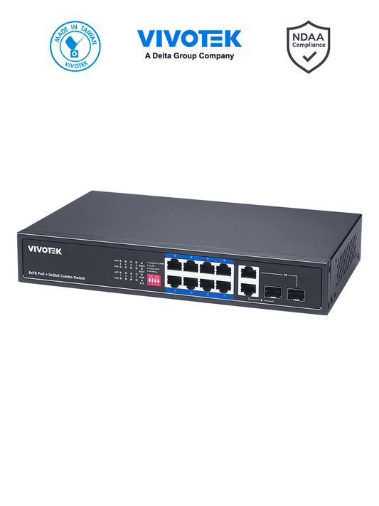 VIVOTEK AW-FGT-100P-110 - Switch PoE no administrable  8 puertos PoE FE  2 puertos GbE/SFP Combo  110W Totales  30W por puerto  Modo Extendido hasta 250m  Proteccion 6KV