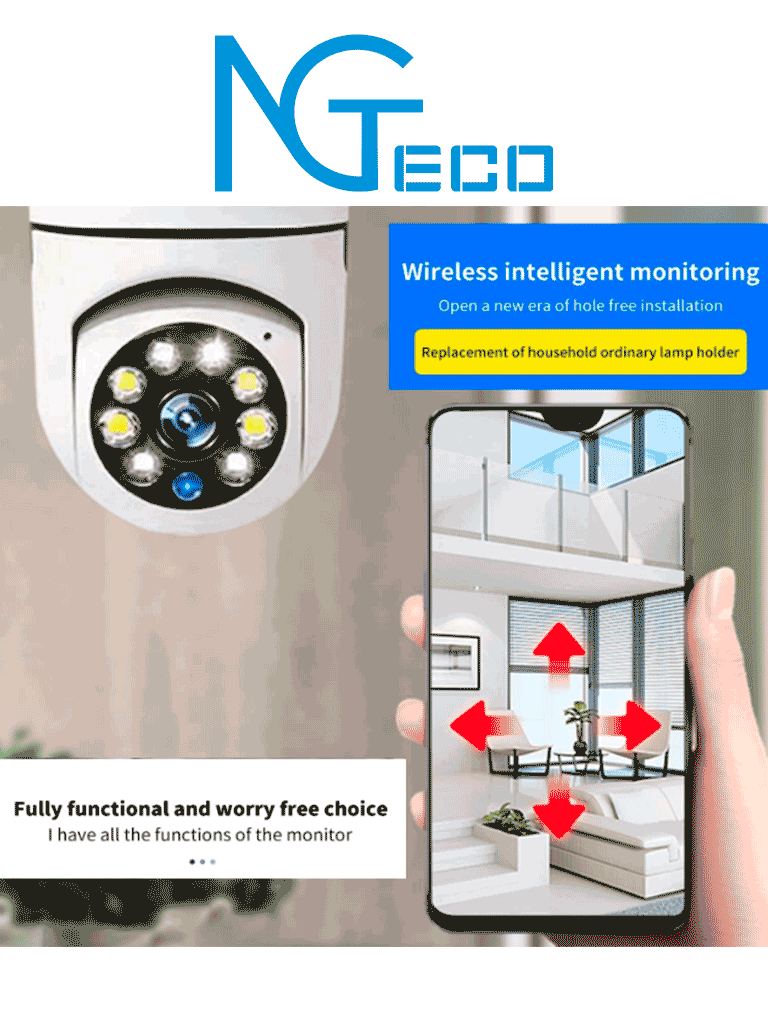 NGTECO NGSH01C2IN - Foco con Cámara Inteligente WiFi / 2MP / Visión PTZ 355° / Lente HD 4mm / Visión Nocturna IR + Luz Blanca / Audio 2 Vias / Almacenamiento Local y en la Nube / Onvif / Compatible con Alexa y Asistente de Google