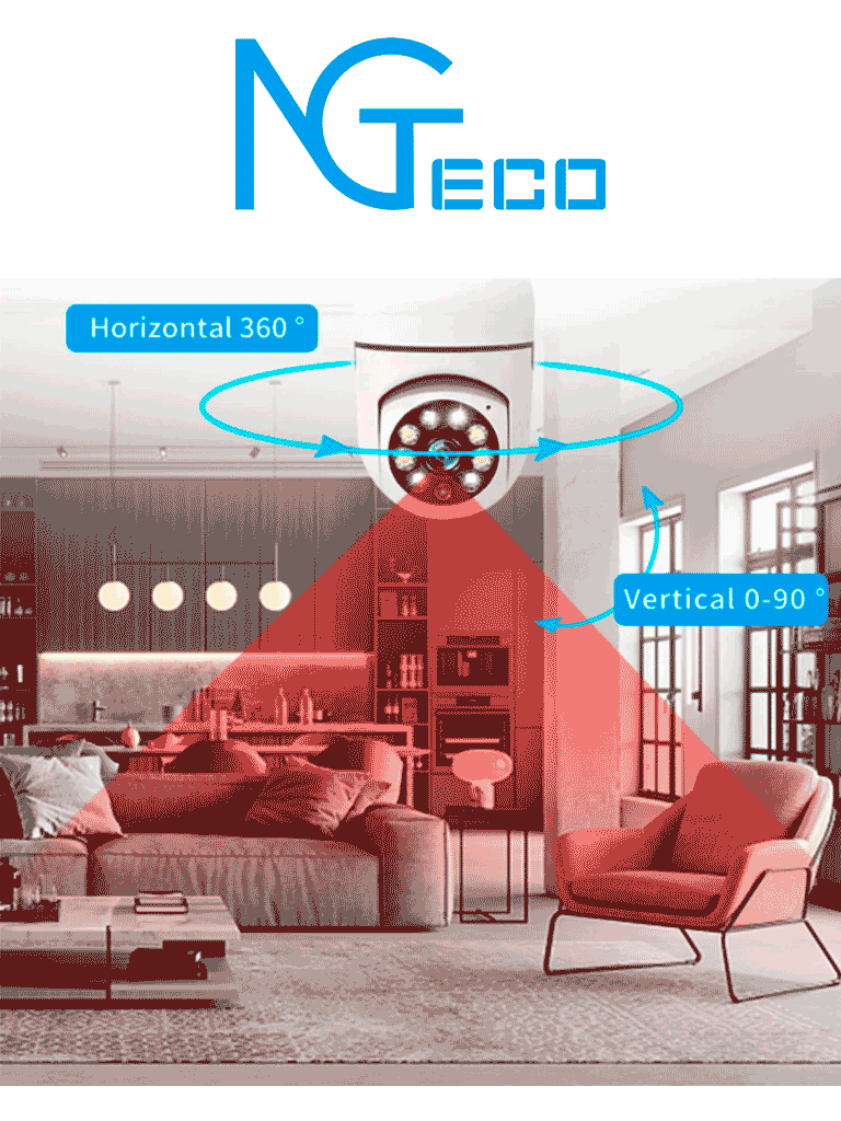 NGTECO NGSH01C2IN - Foco con Cámara Inteligente WiFi / 2MP / Visión PTZ 355° / Lente HD 4mm / Visión Nocturna IR + Luz Blanca / Audio 2 Vias / Almacenamiento Local y en la Nube / Onvif / Compatible con Alexa y Asistente de Google
