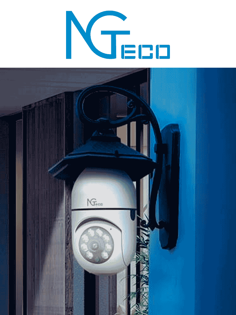 NGTECO NGSH01C2IN - Foco con Cámara Inteligente WiFi / 2MP / Visión PTZ 355° / Lente HD 4mm / Visión Nocturna IR + Luz Blanca / Audio 2 Vias / Almacenamiento Local y en la Nube / Onvif / Compatible con Alexa y Asistente de Google