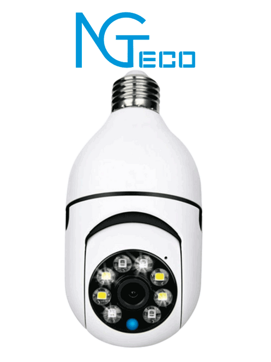NGTECO NGSH01C2IN - Foco con Cámara Inteligente WiFi / 2MP / Visión PTZ 355° / Lente HD 4mm / Visión Nocturna IR + Luz Blanca / Audio 2 Vias / Almacenamiento Local y en la Nube / Onvif / Compatible con Alexa y Asistente de Google