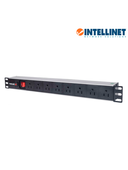 INTELLINET 713993- Barra PDU  8 contactos  para gabinetes/racks de 19"  1U  con protección contra sobrecarga y botón On/Off.