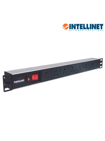 INTELLINET 713993- Barra PDU  8 contactos  para gabinetes/racks de 19"  1U  con protección contra sobrecarga y botón On/Off.