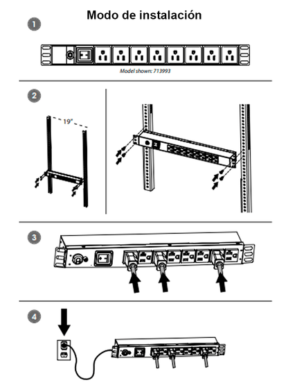 INTELLINET 713993- Barra PDU  8 contactos  para gabinetes/racks de 19"  1U  con protección contra sobrecarga y botón On/Off.