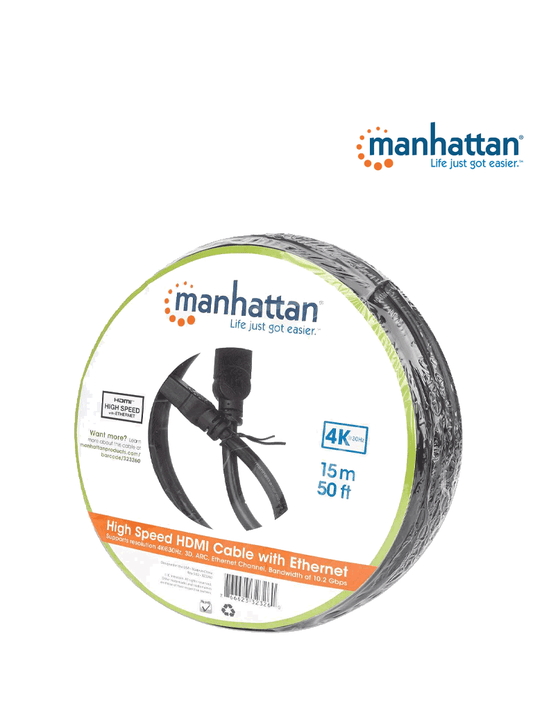 MANHATTAN 323260 - Cable HDMI de Alta Velocidad de 15 Metros / Resolución 4k@30Hz/ Soprota 3D y Canal de Ethernet de 100 Mbps/ HDMI Macho a Macho/ Soporta Canal de Retorno de Audio (ARC)/ Blindado para Reducir Interferencia/