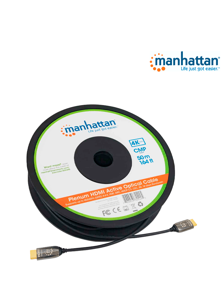 MANHATTAN 355445 - Cable HDMI Optico Activo Plenum de 50 Metros/ Resolución 4K@60Hz/ Soporta 3D y Canal Ethernet/ HDMI Macho a Macho/ Soporta Canal de Retorno de Audio (ARC)/ Admite Imagenes HDR/   (Sobre Pedido)