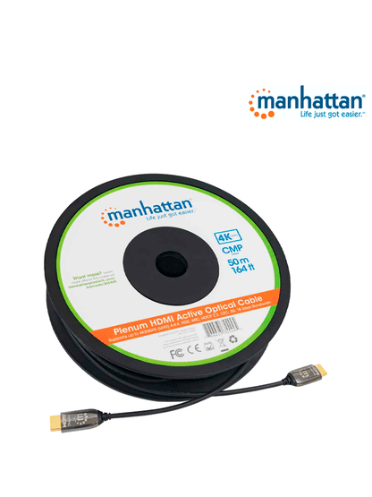 MANHATTAN 355445 - Cable HDMI Optico Activo Plenum de 50 Metros/ Resolución 4K@60Hz/ Soporta 3D y Canal Ethernet/ HDMI Macho a Macho/ Soporta Canal de Retorno de Audio (ARC)/ Admite Imagenes HDR/   (Sobre Pedido)