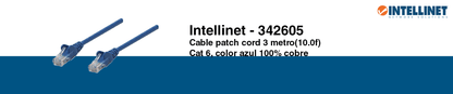 INTELLINET 342605 - Cable patch / CAT 6 / 3.0 metros (10.0Ft) / UTP Azul / Patch cord