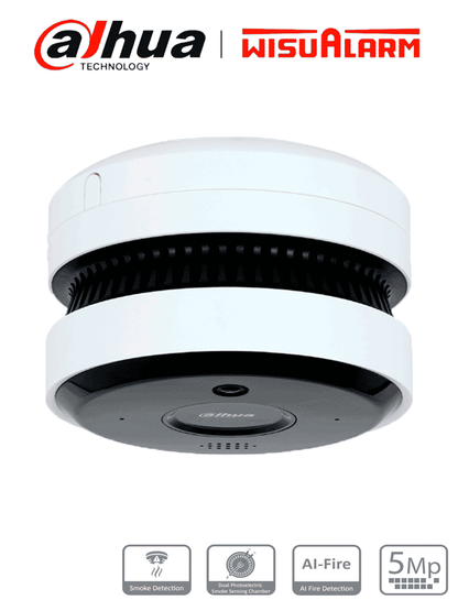 DAHUA WISUALARM DHI-HY-SAV849HA-E - Cámara IP 5MP con IA para Detección de Incendio/ Detector Fotoelectrico/ Buzzer de 85 dB/ WDR Real/ Flip/ E&S de Alarma/ IR de 20 Metros/ PoE/ Microfono y Altavoz/ Ranura MicroSD/ #LoNuevo #Wisualarm #MCI1 #WR #IP