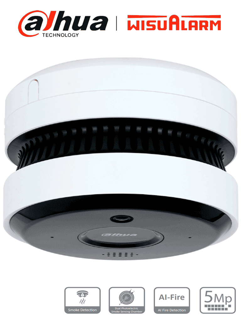 DAHUA WISUALARM DHI-HY-SAV849HA-E - Cámara IP 5MP con IA para Detección de Incendio/ Detector Fotoelectrico/ Buzzer de 85 dB/ WDR Real/ Flip/ E&S de Alarma/ IR de 20 Metros/ PoE/ Microfono y Altavoz/ Ranura MicroSD/ #LoNuevo #Wisualarm #MCI1 #WR #IP
