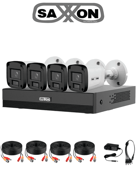 SAXXON SUA-KIT/XVR1E04-I/4-B20M-0280B-Kit de 4Canales HDCVI 1080P/4 Cámaras B20M de 2.8mm con Campo de Visión de Hasta 100°/Grabador Soporta Hasta 5 Canales IP yDetección de Movimiento Inteligente/Cámaras Fabricadas en Metal deAlta Duración#GSA #SAX