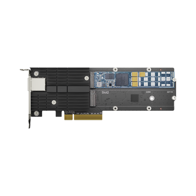 Adaptador Combinado SSD M.2 y 10 GbE | PCIe 3.0 x8 | 2 Ranuras NVMe M.2 22110/2280 | Puerto 10GBASE-T RJ45 | Autonegociación 10/5/2 5/1 Gbps | Compatible con SSD NVMe SNV3000 | Garantía de 5 Años.