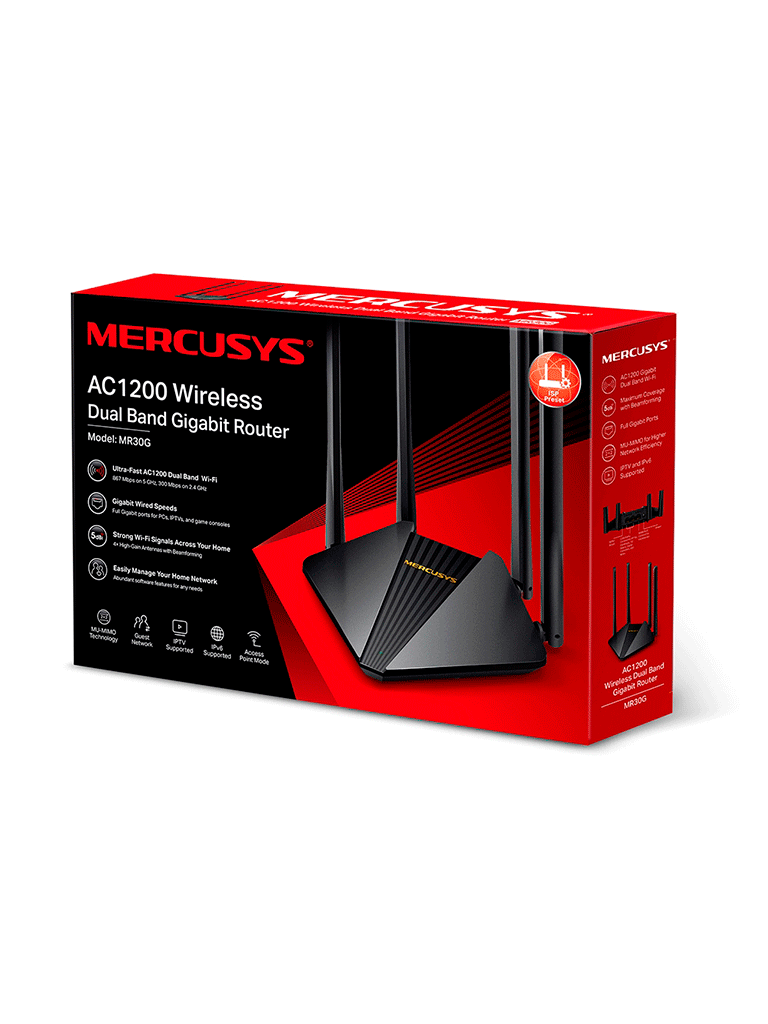 MERCUSYS MR30G -  Router inalámbrico Gigabit AC1200 con doble banda 2.4 GHz y 5 GHz  2 puertos LAN Gigabit  1 puerto WAN Gigabit. Incluye tecnología MU-MIMO y Beamforming  4 antenas de 5 dBi  compatible con EasyMesh y función de control parental.