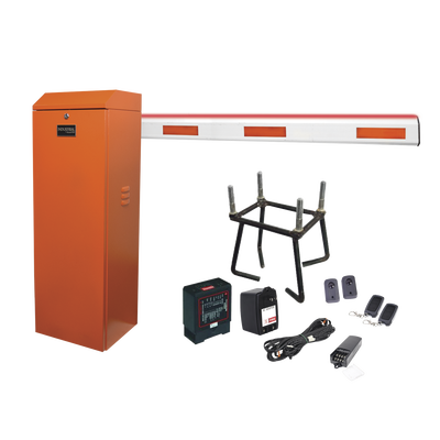 Kit completo Barrera Derecha XB Naranja / Brazo de 3 m con Iluminación LED Rojo-Verde / Incluye: sensor de masa  transformador  lazo  ancla  fotoceldas y 2 controles inalámbricos