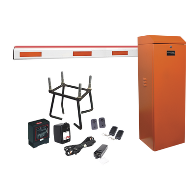 Kit COMPLETO Barrera Izquierda XB Naranja / Brazo Iluminado de 5 Metros con Iluminacion LED Rojo-Verde / Incluye Sensor de masa  Transformador  Lazo  Ancla  Fotoceldas y 2 Controles Inalámbricos