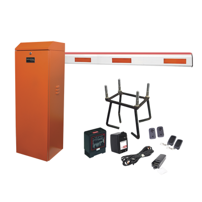 Kit COMPLETO Barrera Derecha XB Naranja / Brazo de 5 Metros con Iluminacion LED Rojo-Verde / Incluye Sensor de masa  Transformador  Lazo  Ancla  Fotoceldas 2 Controles Inalámbricos