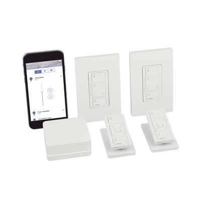 (Caseta Wireless) Kit Hub controlador  2 atenuadores  2 controles remotos  2 base mesa y 2 tapas.