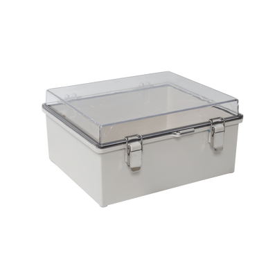 Gabinete Plástico ABS  Puerta Transparente  Uso en Intemperie IP66 (190 x 290 x 140 mm) cierre por Broche Inoxidable y Permite Cerrado con Candado y Llave (Perno 5mm) No Incluido