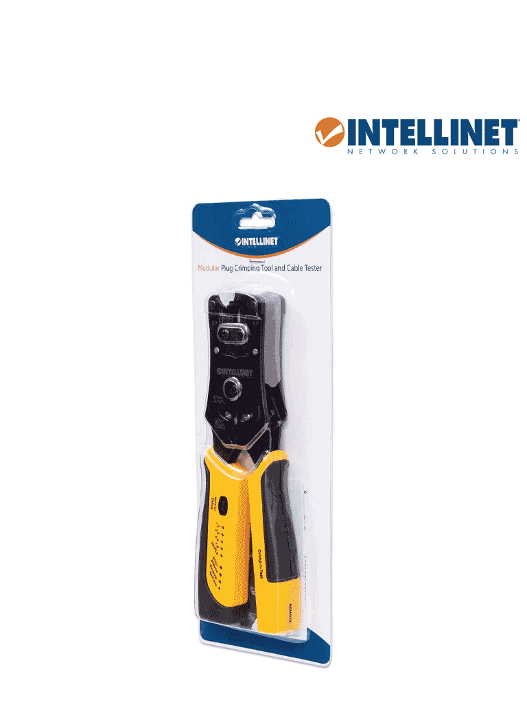 INTELLINET 780124 - Pinza crimpeadora universal de plugs modulares y probador de cables 2-en-1: crimpea  corta  pela  remata y prueba.