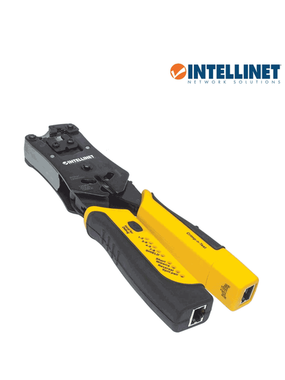 INTELLINET 780124 - Pinza crimpeadora universal de plugs modulares y probador de cables 2-en-1: crimpea  corta  pela  remata y prueba.