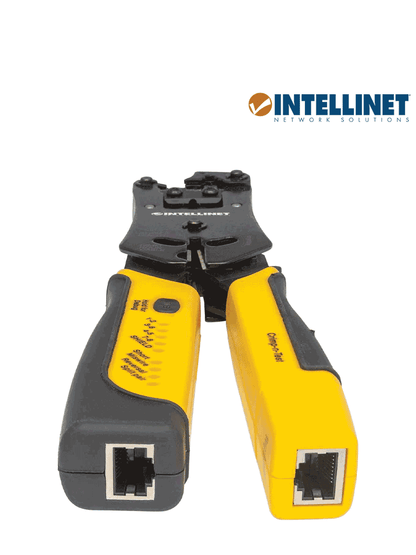 INTELLINET 780124 - Pinza crimpeadora universal de plugs modulares y probador de cables 2-en-1: crimpea  corta  pela  remata y prueba.