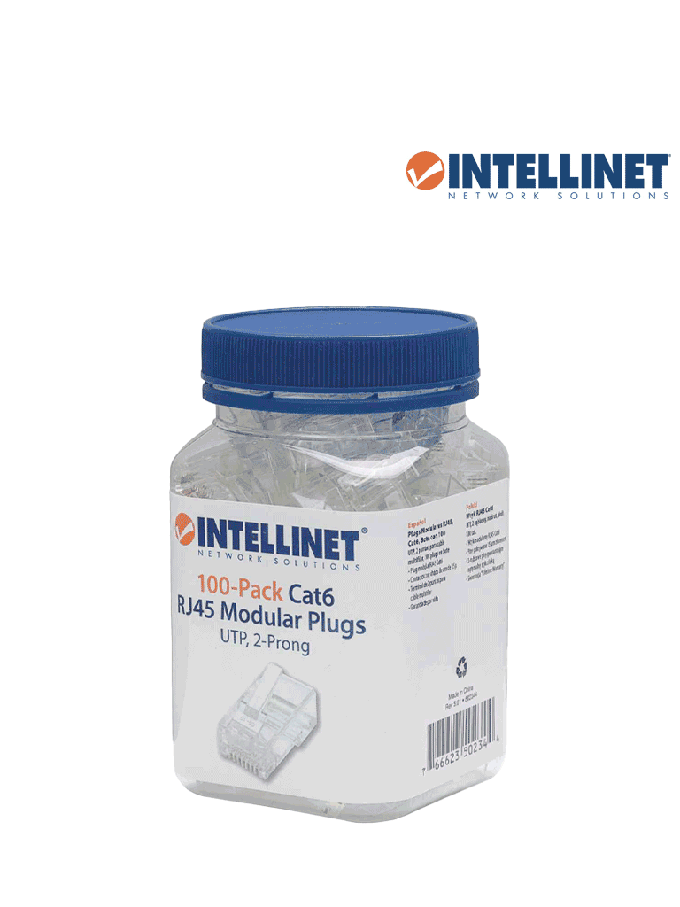 INTELLINET 502344 PLUG RJ45 CAT6 MULTIFILAR UTP BOTE 100 PZAS ORO 15-MICRAS UTP  2 puntas  para cable multifilar  100 plugs en bote