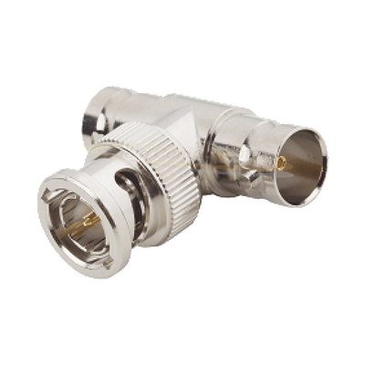 Adaptador en T para 50 Ohm de BNC Macho a Doble BNC Hembra  Maquinado  Níquel/ Oro/ Teflón.