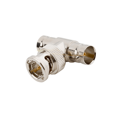 Adaptador en T para 50 Ohm de BNC Macho a Doble BNC Hembra  Troquelado  Níquel/ Oro/ Delrin.