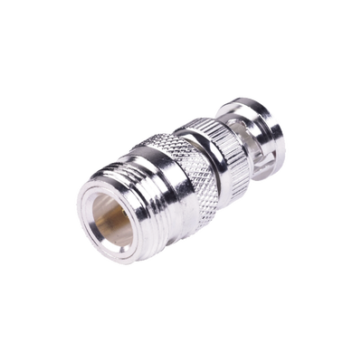 Adaptador en Linea para 50 Ohm  de Conector N Hembra a BNC Macho  Plata /Oro /Teflón.
