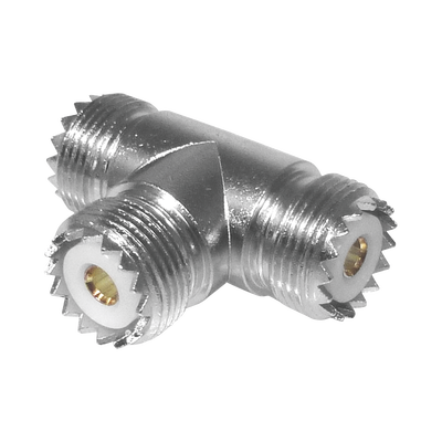 Adaptador en forma T  de Conector UHF Hembra (SO-239) a Doble Conector UHF Hembra  Níquel/ Plata/ Delrin.